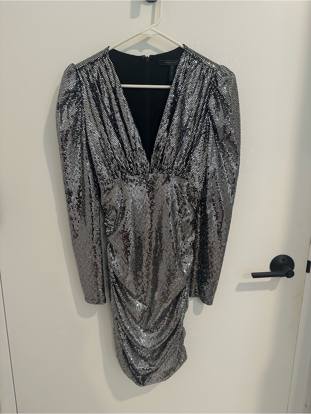 BCBGMaxAzria Silver Sequin Mini Dress with V-Neck